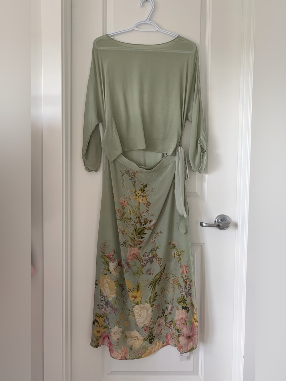 100% Mulberry Silk Sage Green Floral Wrap Maxi Dress NWT